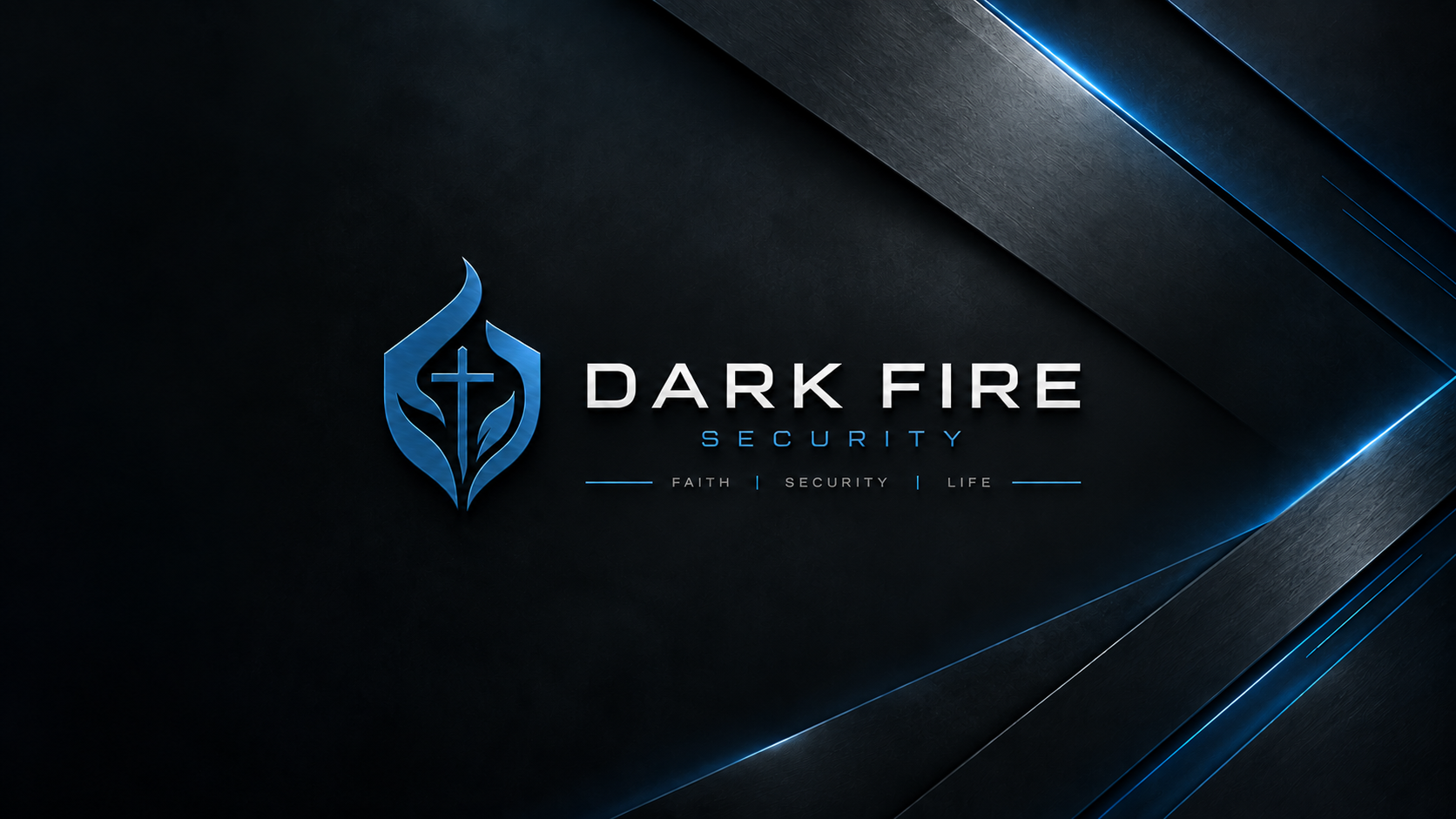 Dark Fire Security logo: a blue shield with a flame and cross. Faith | Security | Life